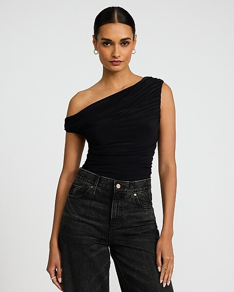 Asymmetrical Off The Shoulder Ruched Bodysuit | Express