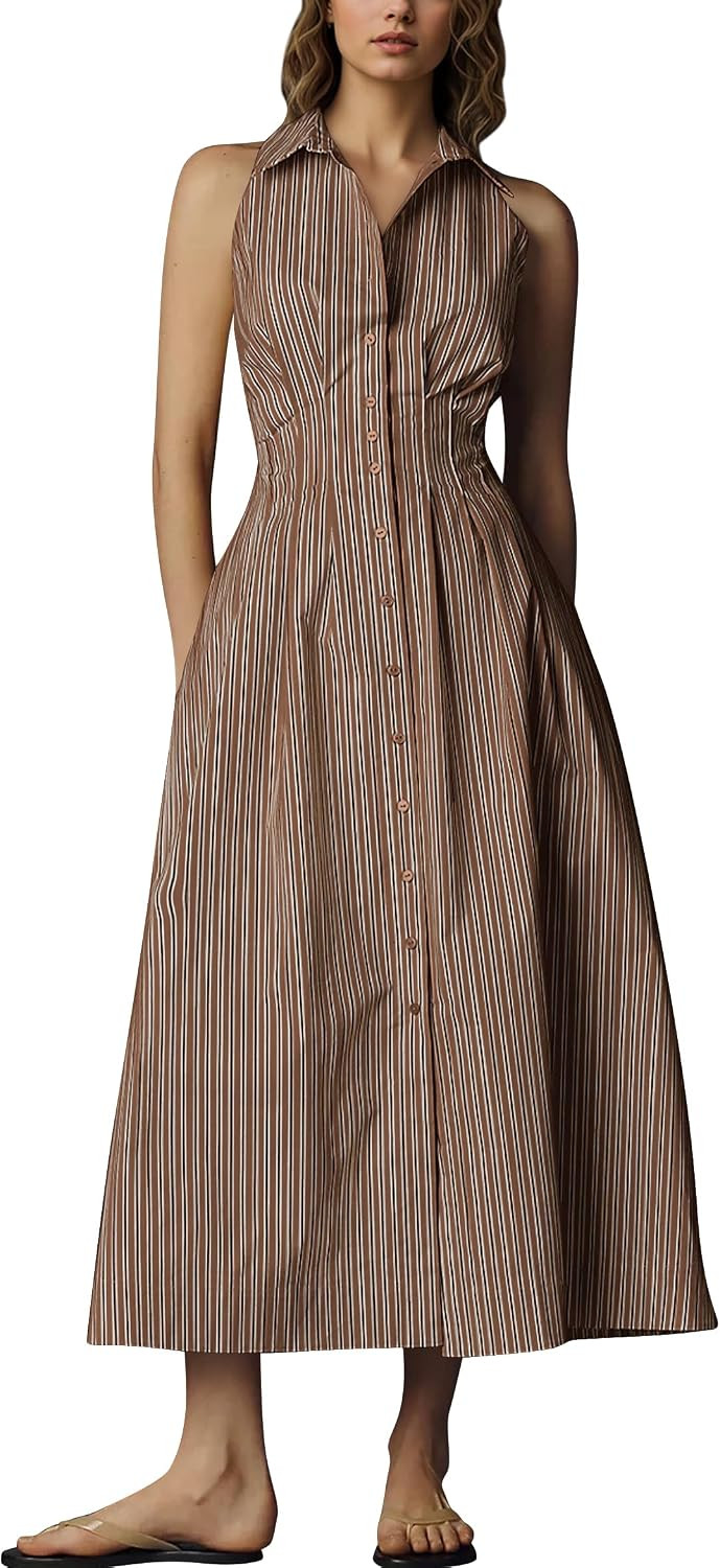 Sleeveless Shirt Dress Women Collared Button Down Pleated Midi Dress Summer Casual Striped Blouse Long Dresses | Amazon (US)