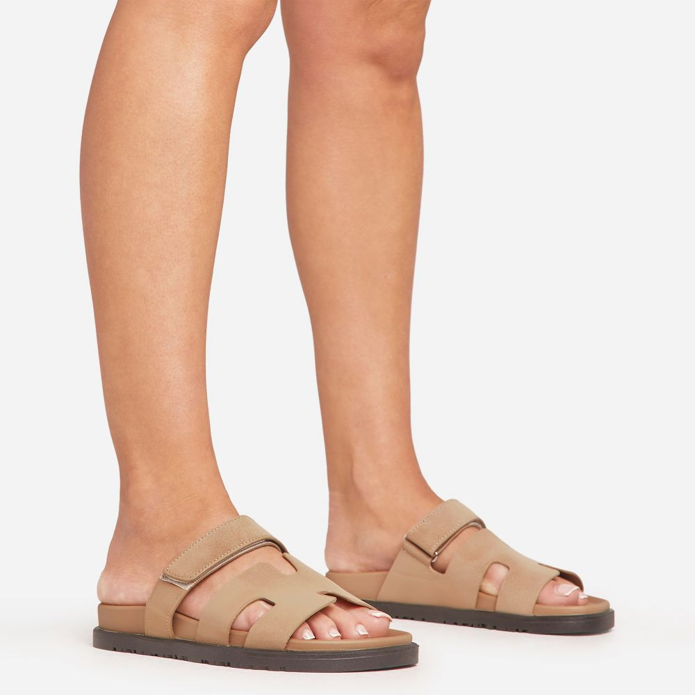 Valerie Gladiator Velcro Strap Flat Slider Sandal In Deep Taupe Faux Suede | EGO (UK)