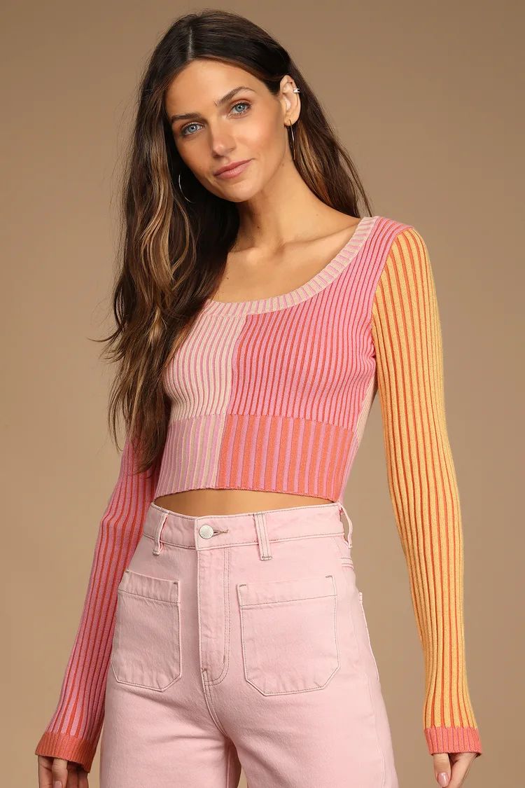 Meant to be Mod Pink Color Block Ribbed Long Sleeve Crop Top | Lulus (US)