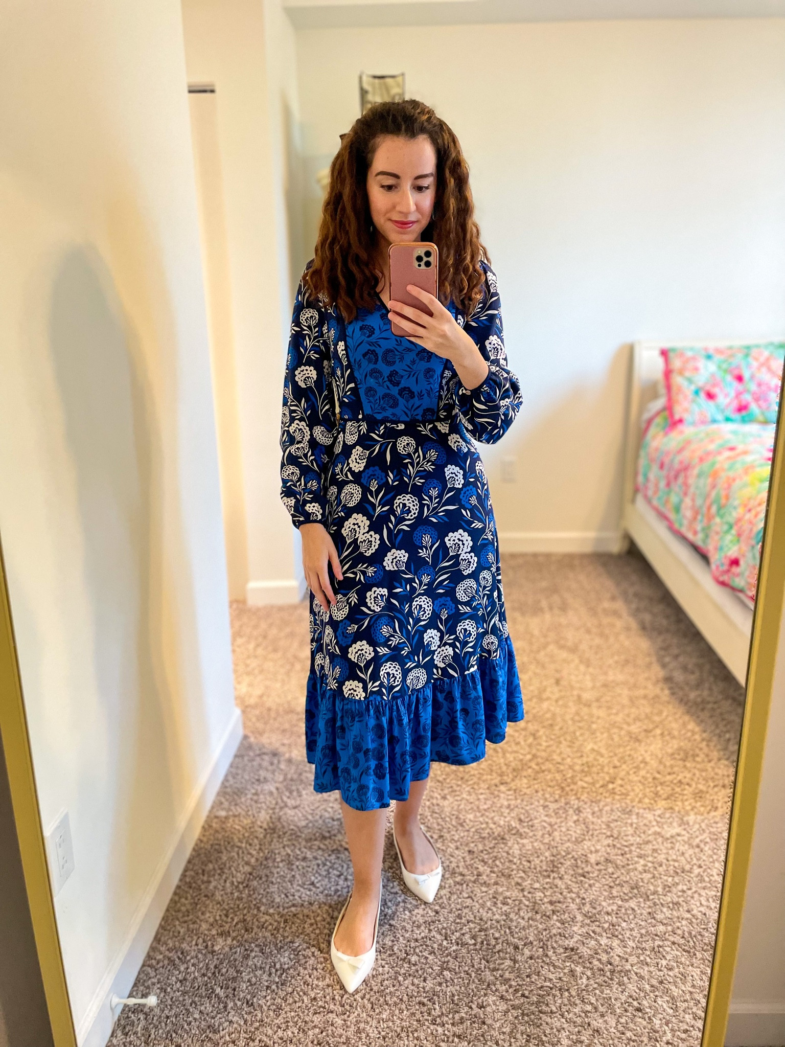 Floral blue midi dress. Grandmillenial dress. Blue and white dress. Grand millennial style. Preppy fashion. Draper James dress. Sarah flint white slingback flats. Workwear. Summer workwear  

#LTKshoecrush #LTKunder100 #LTKworkwear