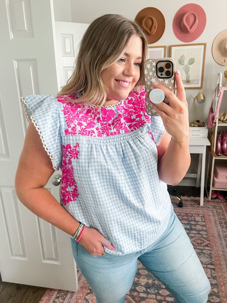 THML embroidered top, blue gingham, embroidered top, ruffle sleeve top, grandmillenial style, blue & white, summer outfit
Wearing an XL

#LTKcurves #LTKunder100