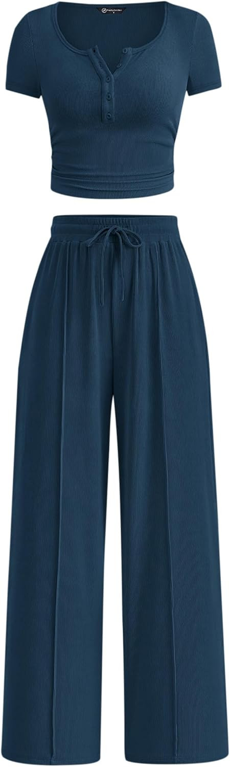 PRETTYGARDEN 2 Piece Outfit Ribbed Crop Top Wide Leg Pants Set | Amazon (US)