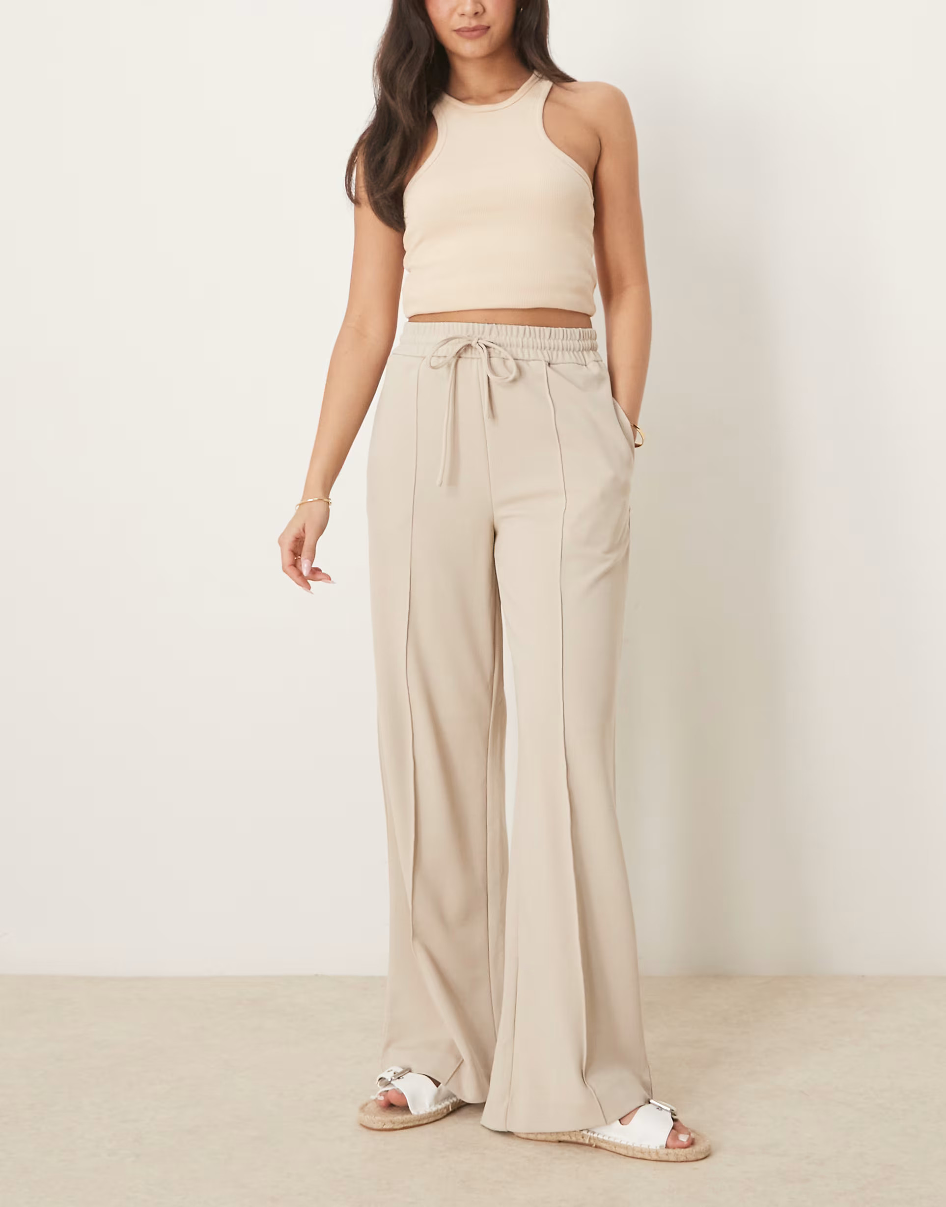 Vila high waist wide leg seam front trouser in beige | ASOS (Global)