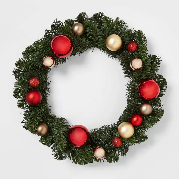 22in Unlit Pine with Shatter-Resistant Ornaments Artificial Wreath Red/Gold  - Wondershop™ | Target