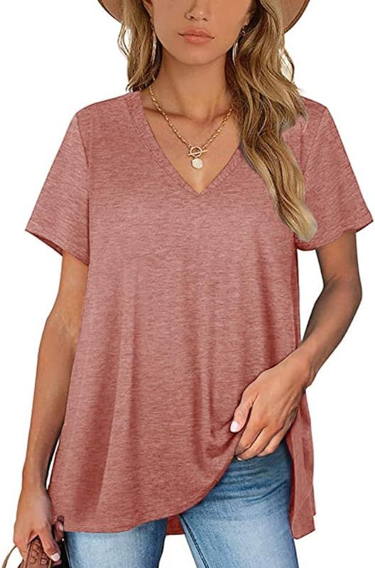 Uifely Women's Short Sleeve V Neck Tops Summer Basic Tee Casual Loose Fit Tshirts | Amazon (US)