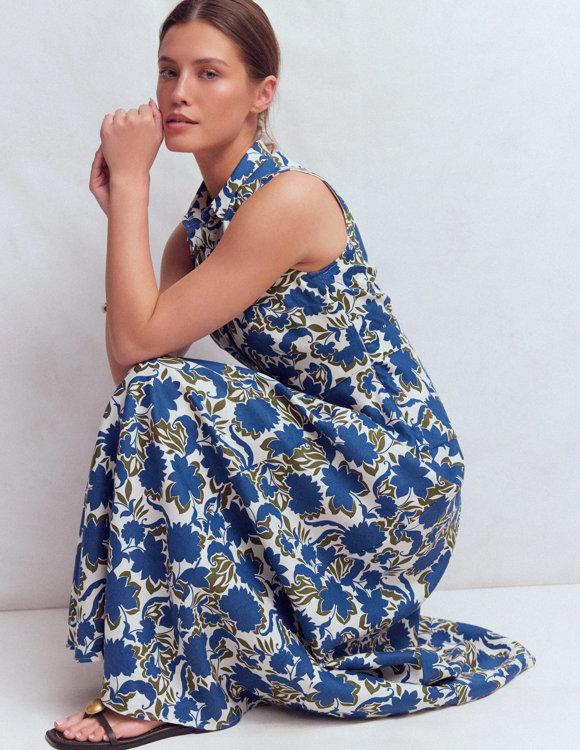 Erma Drop Waist Linen Dress-Blue Shadow Blossom | Boden (US)