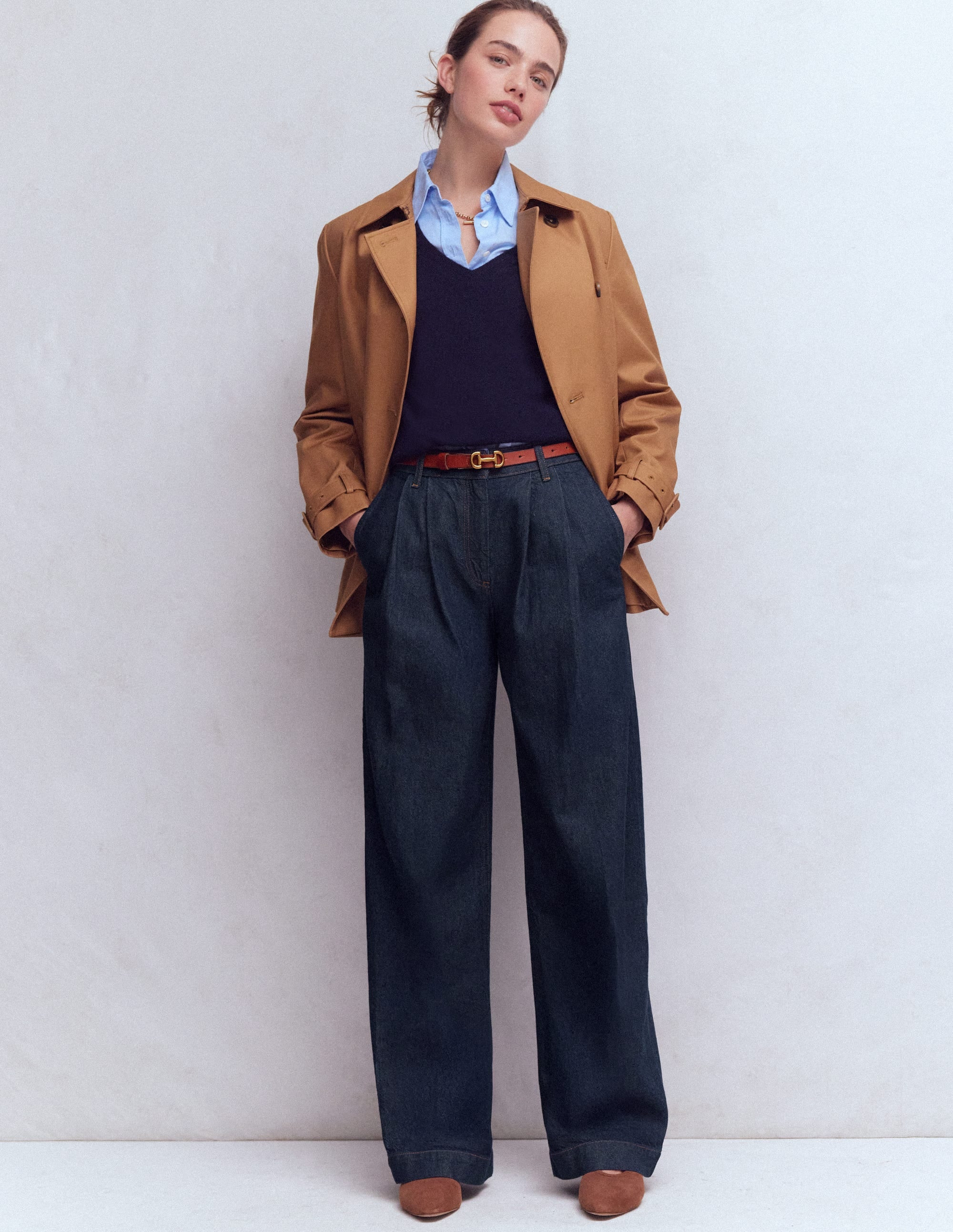 Pleated Wide Leg Jeans-Indigo Rinse | Boden UK