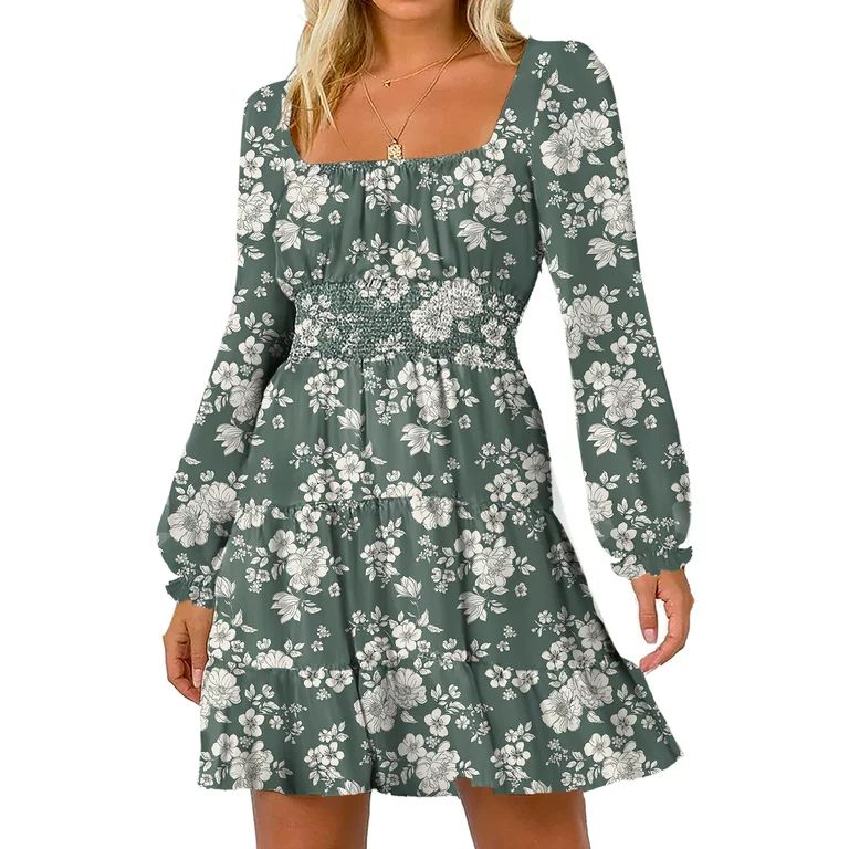 Liv & Lottie Women's Juniors Floral Smocked Tiered Dress with Long Sleeves | Walmart (US)