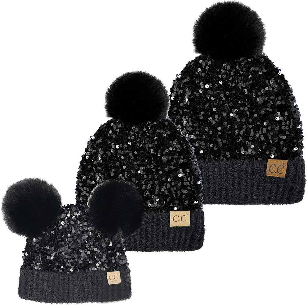 Funky Junque Mommy & Me Matching Double Pom Pom Beanies Set - Adult, Infant, Toddler (3 Pack) | Amazon (US)