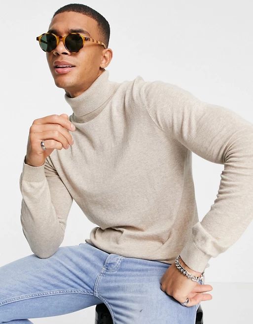 Topman considered marl essential roll neck knitted jumper in stone | ASOS (Global)