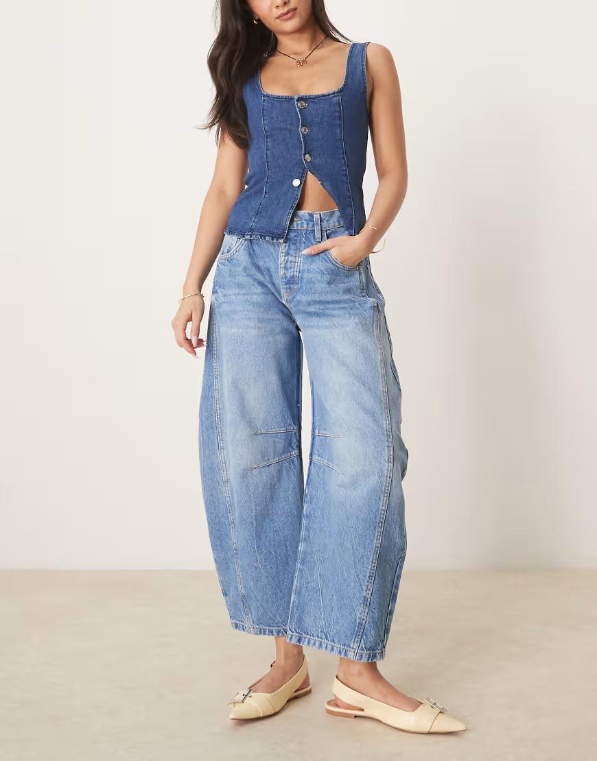 Free People good luck mid rise barrel leg jeans in light wash blue | ASOS (Global)