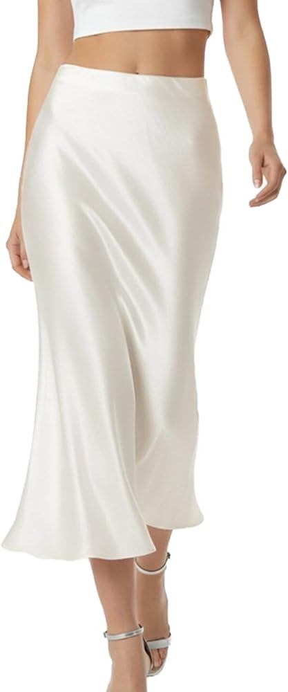 Women's Elegant Satin Skirt Long Silk High Waist Flared Cocktail Party Wedding Office Fishtail Mi... | Amazon (US)
