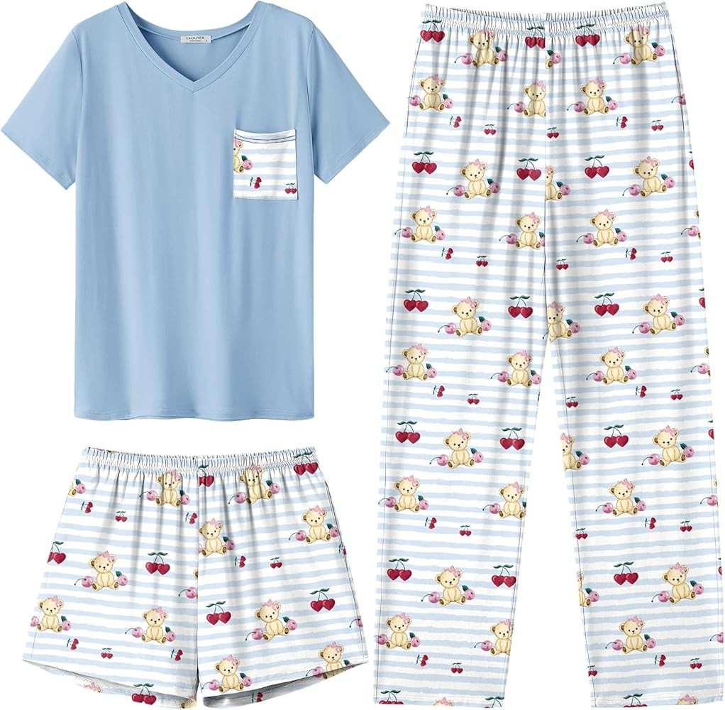 Ekouaer Women's 3 Piece Pajama Set Short Sleeve Sleepwear Pj Set Top and Shorts Pants Pjs with Po... | Amazon (US)
