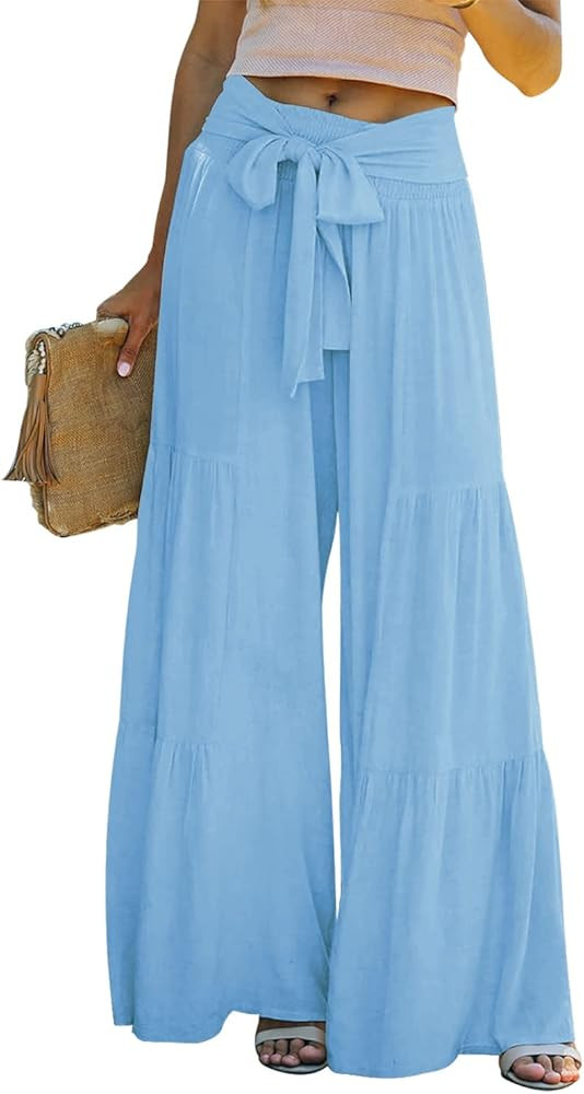 ReachMe Womens Linen Beach Pants Smocked Lounge Pants High Waisted Wide Leg Pants Casual Palazzo... | Amazon (US)