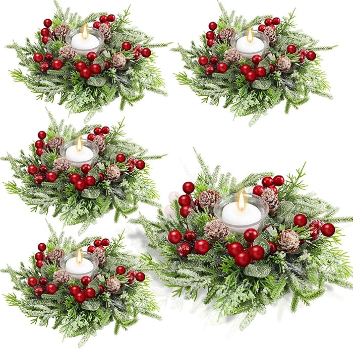 Lyrow 4 Pcs Christmas Candle Rings Wreath Xmas Kitchen Cabinet Mini Wreath Artificial Berries Sno... | Amazon (US)