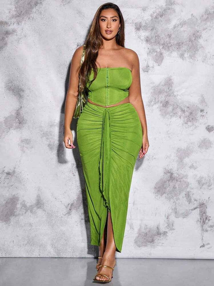 SHEIN BAE Plus Size Women's Strapless Top & High Waist Ruched Skirt With Ruffle Hem For Elegant S... | SHEIN