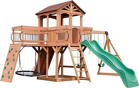 Backyard Discovery Sterling Point All Cedar Wooden Swing Set, Raised Clubhouse,Web Swing, Climbin... | Amazon (US)