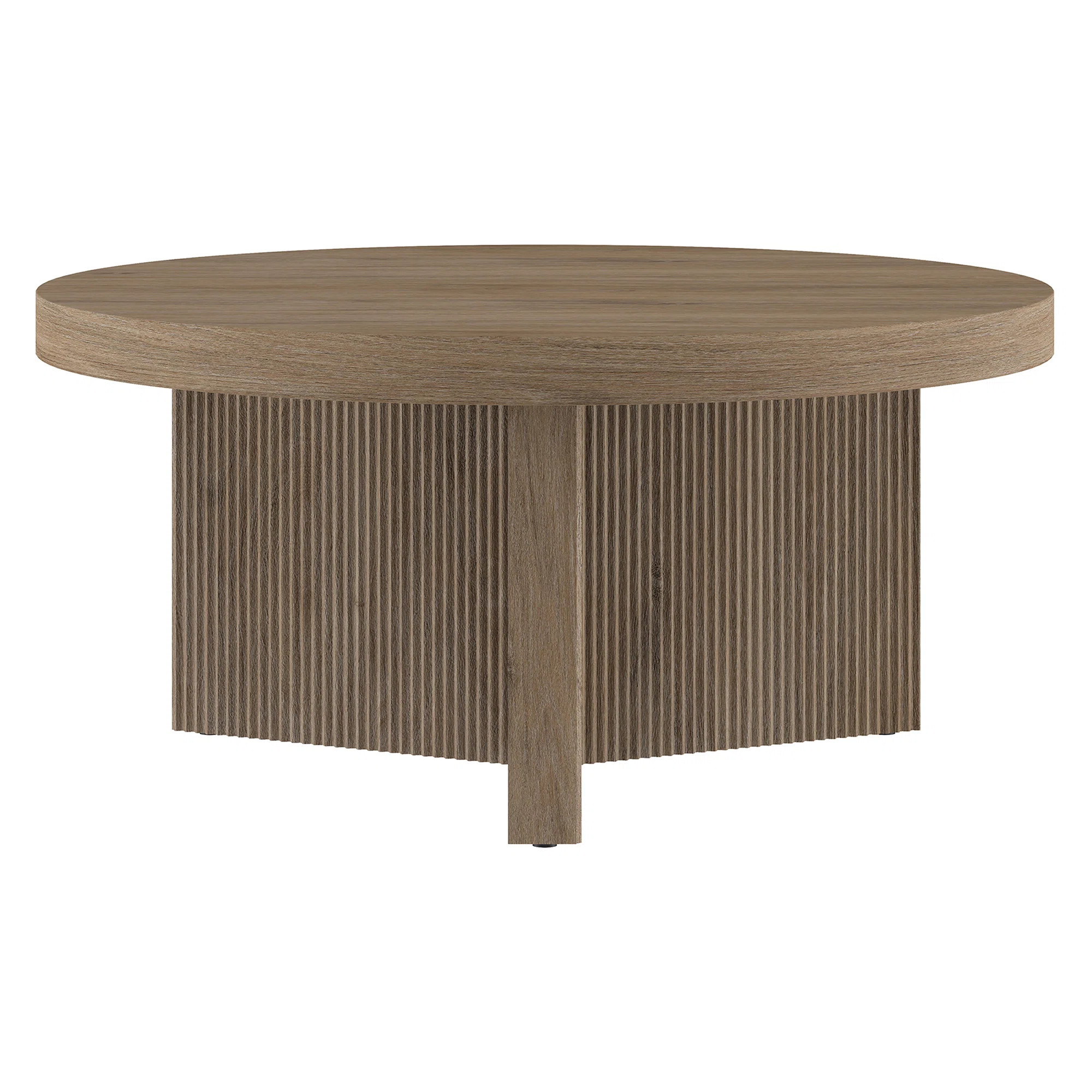 32" Wide Round Coffee Table with Fluted Base — Antiqued Gray Oak Scandinavian MDF Center Table ... | Wayfair North America