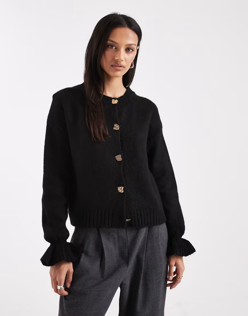 ASOS DESIGN knit cardigan with gold buttons in black | ASOS (Global)
