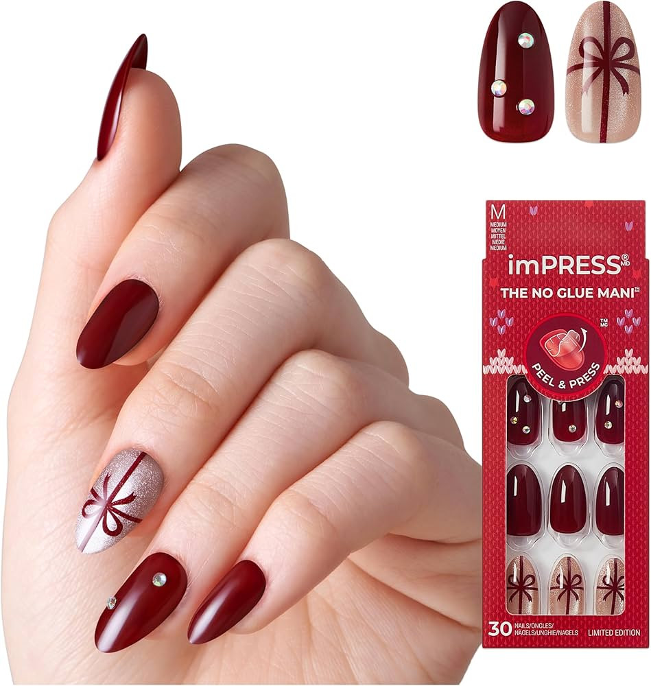 KISS imPRESS Holiday Press On Nails Almond, ‘Wrap Me Up’, Burgundy, Medium, Magnetic Powder E... | Amazon (US)