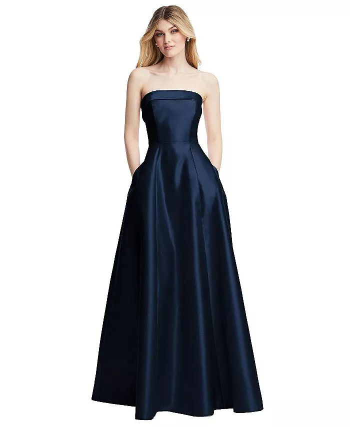 Alfred Sung Strapless Bias Cuff Bodice Satin Gown with Pockets - Macy's | Macy's