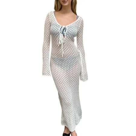 Suagox Women Knit Bikini Cover Ups Crochet Cutouts Tie Front Long Sleeves Beach Dress for Bikini Swimsuit Bathing Suit | Walmart (US)