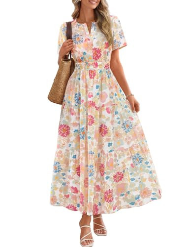 MEROKEETY Women's Spring Summer Floral Maxi Dresses 2026 Casual Beach Vacation Boho V Neck Short Sleeve Midi Dress Pockets, White, Small | Amazon (US)