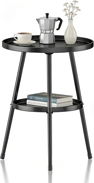 Side Table 2-Tier Small Round End Table Metal Black Accent Table for Small Spaces Indoor Outdoor ... | Amazon (US)