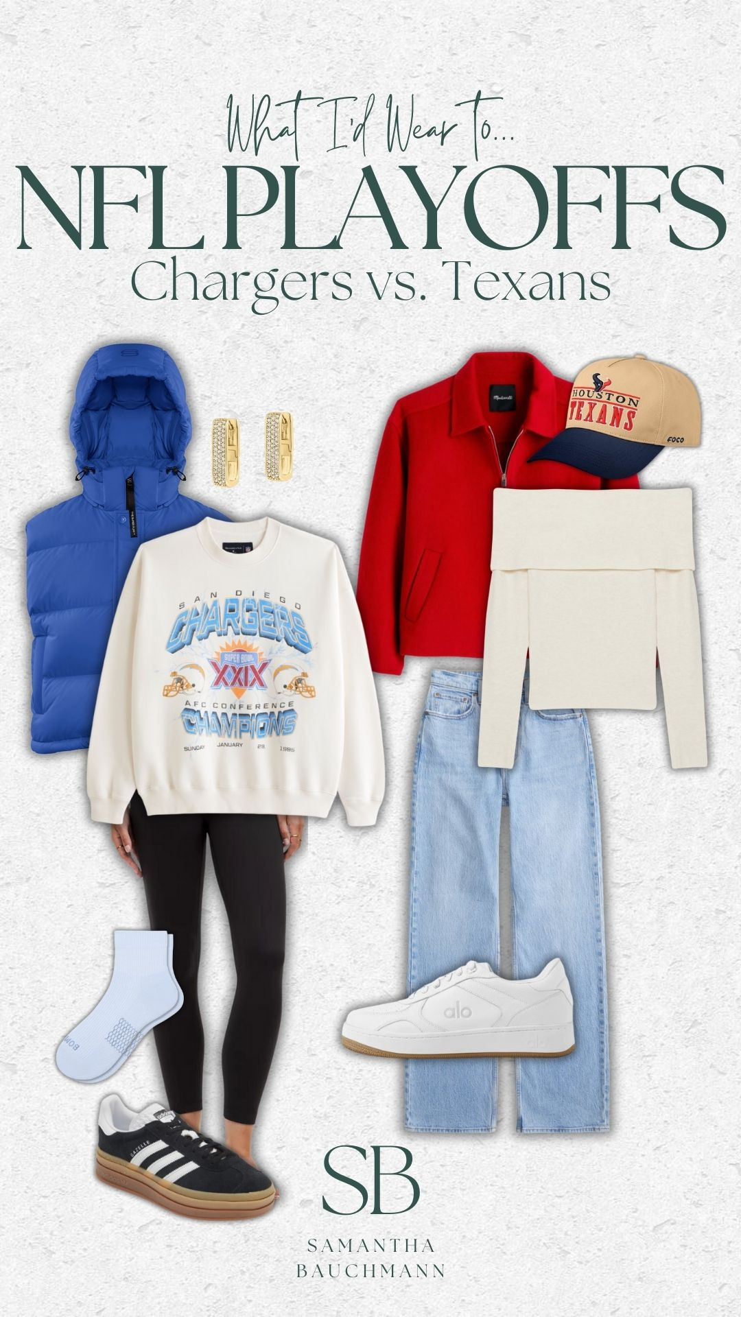 What I'd wear to an NFL play off game: Chargers vs. Texans 🏈 

outfit idea, NFL game outfit idea, tall girl friendly fashion, abercrombie, abercrombie sale, casual style, neutral sneakers, bombas socks, sale, sale alert, boy mom, mom of 4, Samantha Bauchmann 

 

#LTKSaleAlert #LTKSeasonal #LTKFindsUnder100