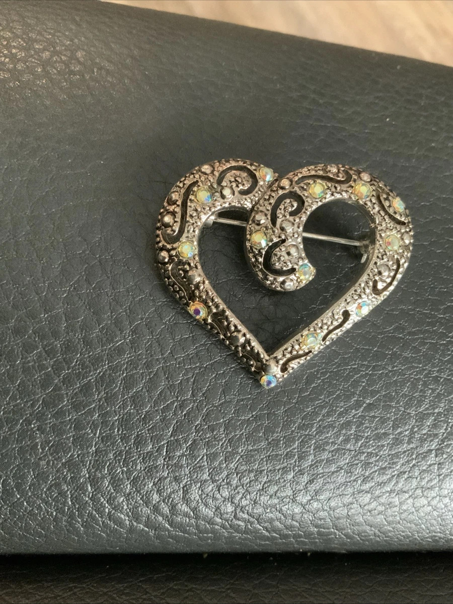 Vintage AAI Silver Tone AB Rhinestones Faux Marcasite Heart Brooch Pin | eBay US