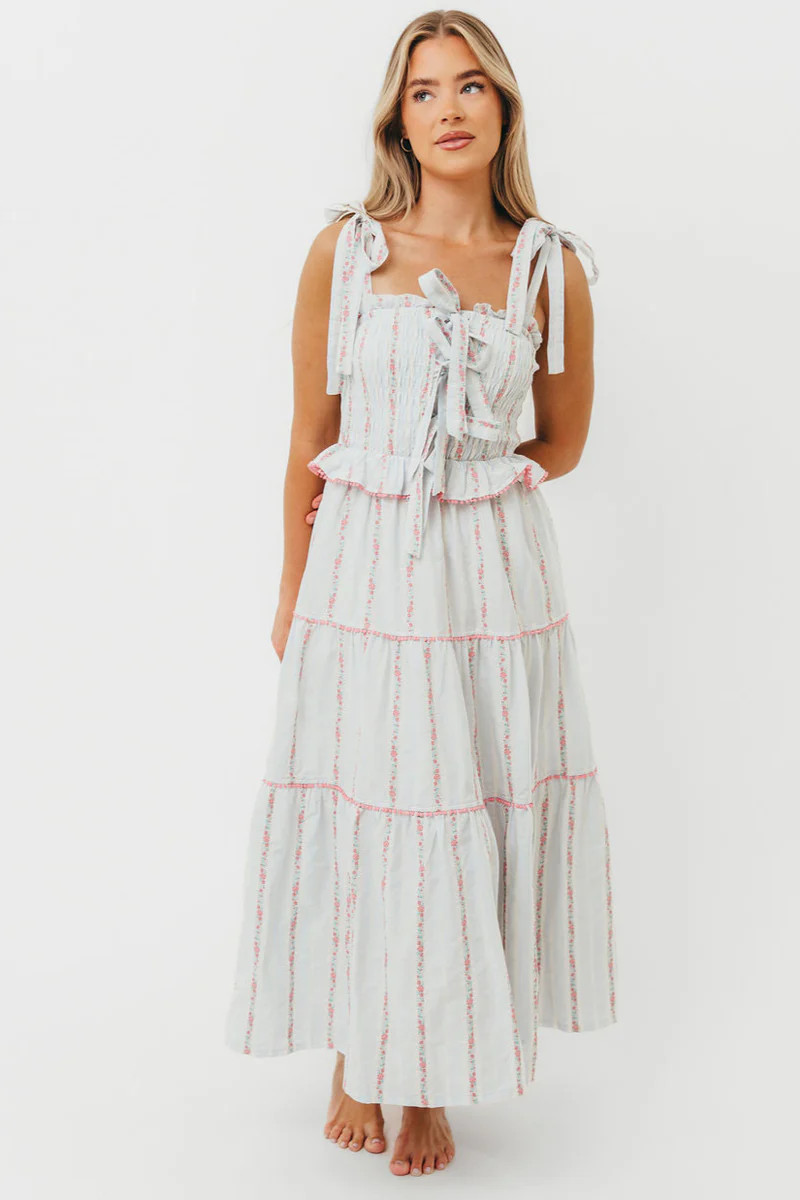 Tamara Tiered Floral Embroidered Maxi Dress in Pink Flower | Worth Collective