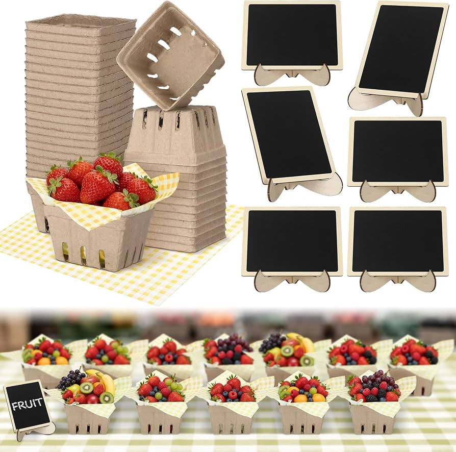 24 Set Farmer Market Favors Natural Pulp Fiber Berry Basket with Deli Paper Sheet Chalkboard Sign... | Amazon (US)