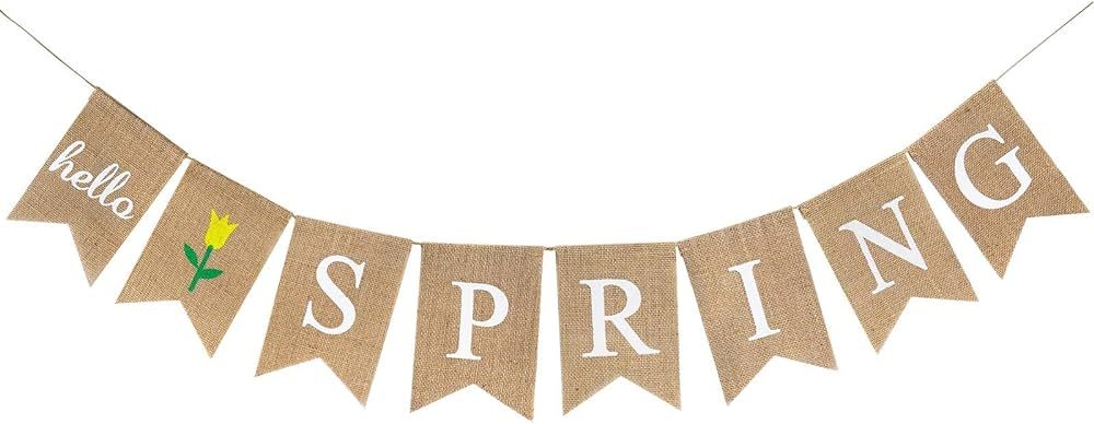 Hello Spring Banner Burlap, Spring Decorations for Home, Rustic Spring Banner Garland, Mantel Fir... | Amazon (US)