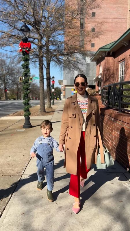 Classic tench coat. red Spanx kick flare pant, pink velvet Mary Janes, cashmere Christmas sweater, boys baby blue corduroy overalls, blue and white checkered Peter Pan collar shirt, boys duck boots

#LTKHoliday #LTKstyletip #LTKkids