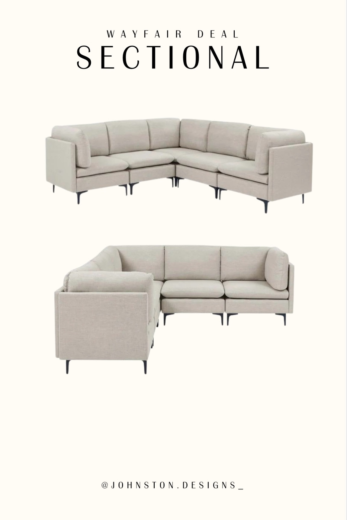 5 - Piece Upholstered Sectional from Wayfair.  

The price on this is so good and so are the reviews! 

Linen fabric and comes in several colors.  Love the modern look with its mid-century lines and bent steel legs.

Home Finds | Affordable Furniture | Wayfair Home | Sofa | Couch | Large Sectional Sofa 

#LTKSummerSales #LTKHome #LTKSaleAlert
