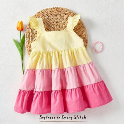 Baby Girl Contrast Color Block Round Neck Ruffle Hem Cinched Waist Spring Dress | SHEIN