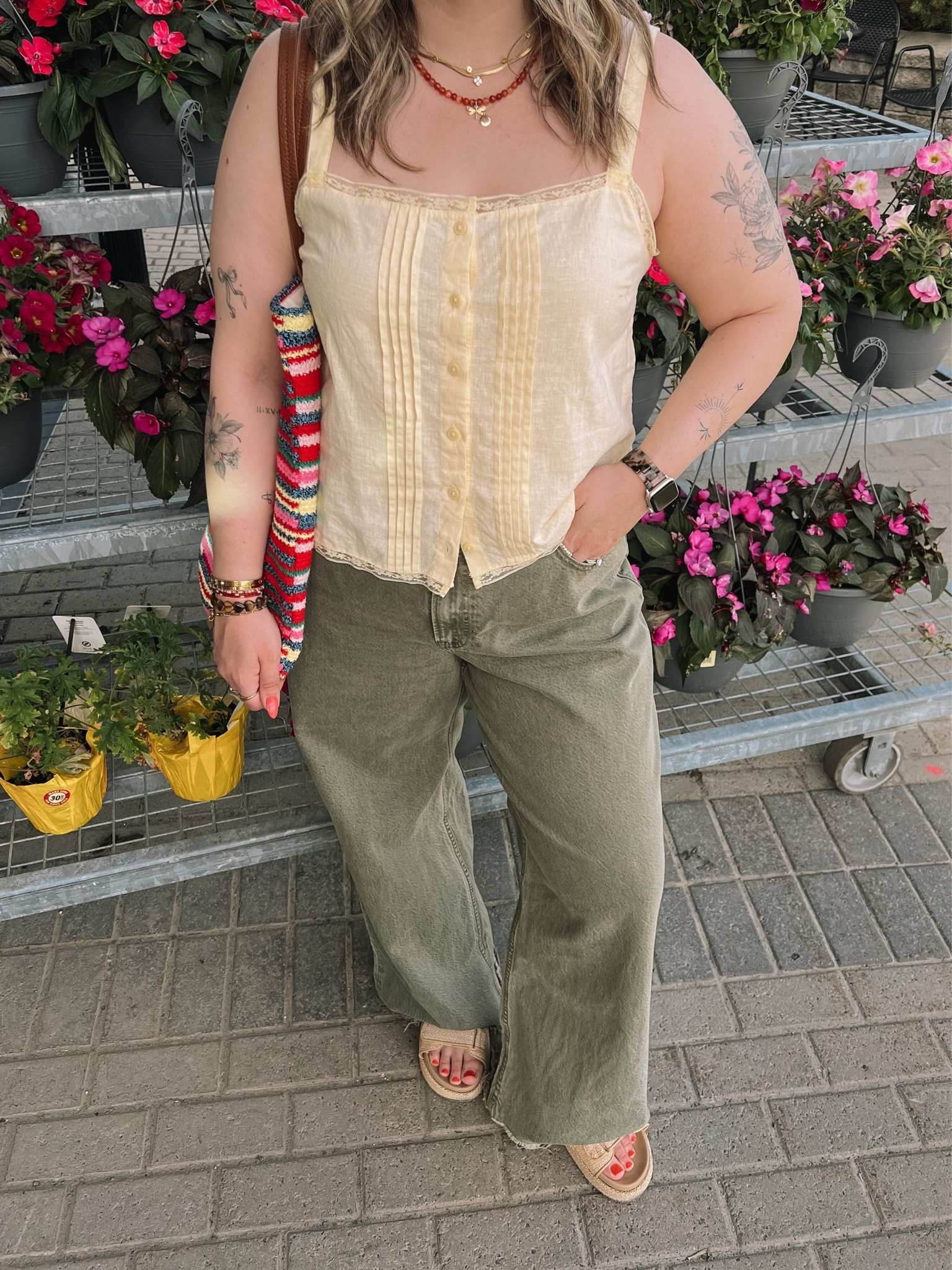 Colorful summer outfit! Wearing my usual L in the butter yellow tank top. Wearing 32 long (should have done 31) in the jeans. Also cut the hem for a custom length! Code AFLTK for extra 20% off at Abercrombie! Canadian top & bag links under “similar products”. Linked similar platform sandals

#LTKjeans #LTKmidsize #LTKsale