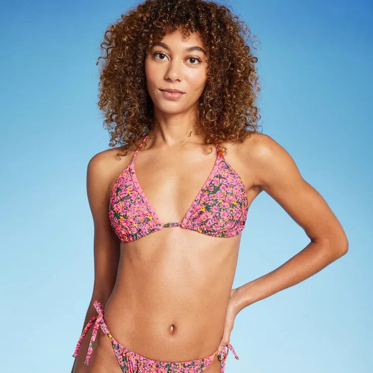 Women's Crochet Trim Triangle Bikini Top - Wild Fable™ Pink Floral Print | Target