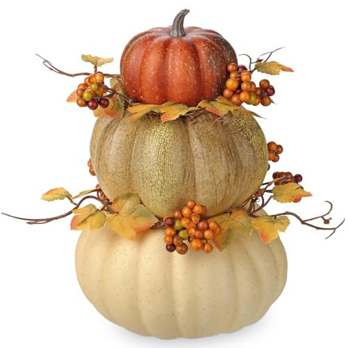 Arborus Artificial Pumpkin Fall Décor - Autumn Table Centerpieces with Faux Berries, Maple Leaves, Stacked Pumpkins – Halloween, Thanksgiving & Harvest Home Decoration | Amazon (US)