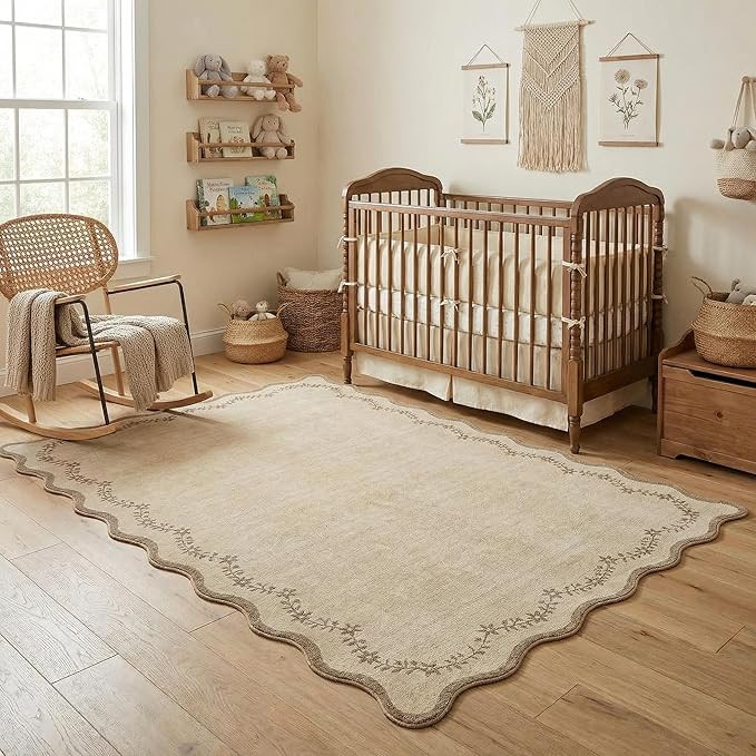 4x6 Jute Scalloped Washable Area Rug for Nursery Room, Solid Floral Soft Nursery Rug Non Slip Low... | Amazon (US)