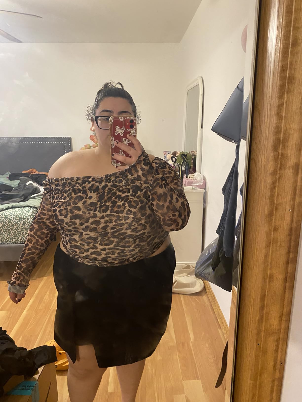 WDIRARA Women's Plus Size Leopard Print Off Shoulder T Shirt Ruched Bandana Hem Long Sleeve Tee | Amazon (US)
