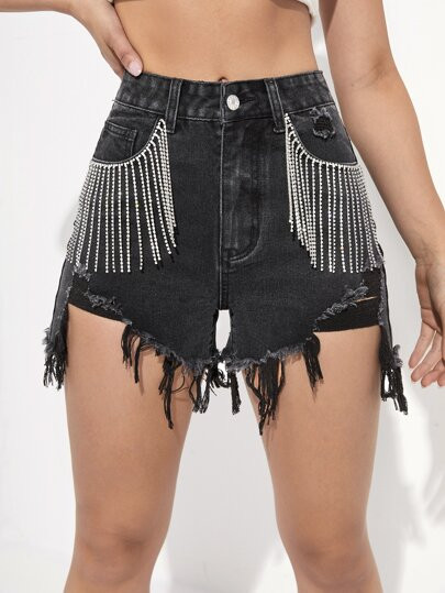 Rhinestone Fringe Trim Raw Hem Denim Shorts | SHEIN