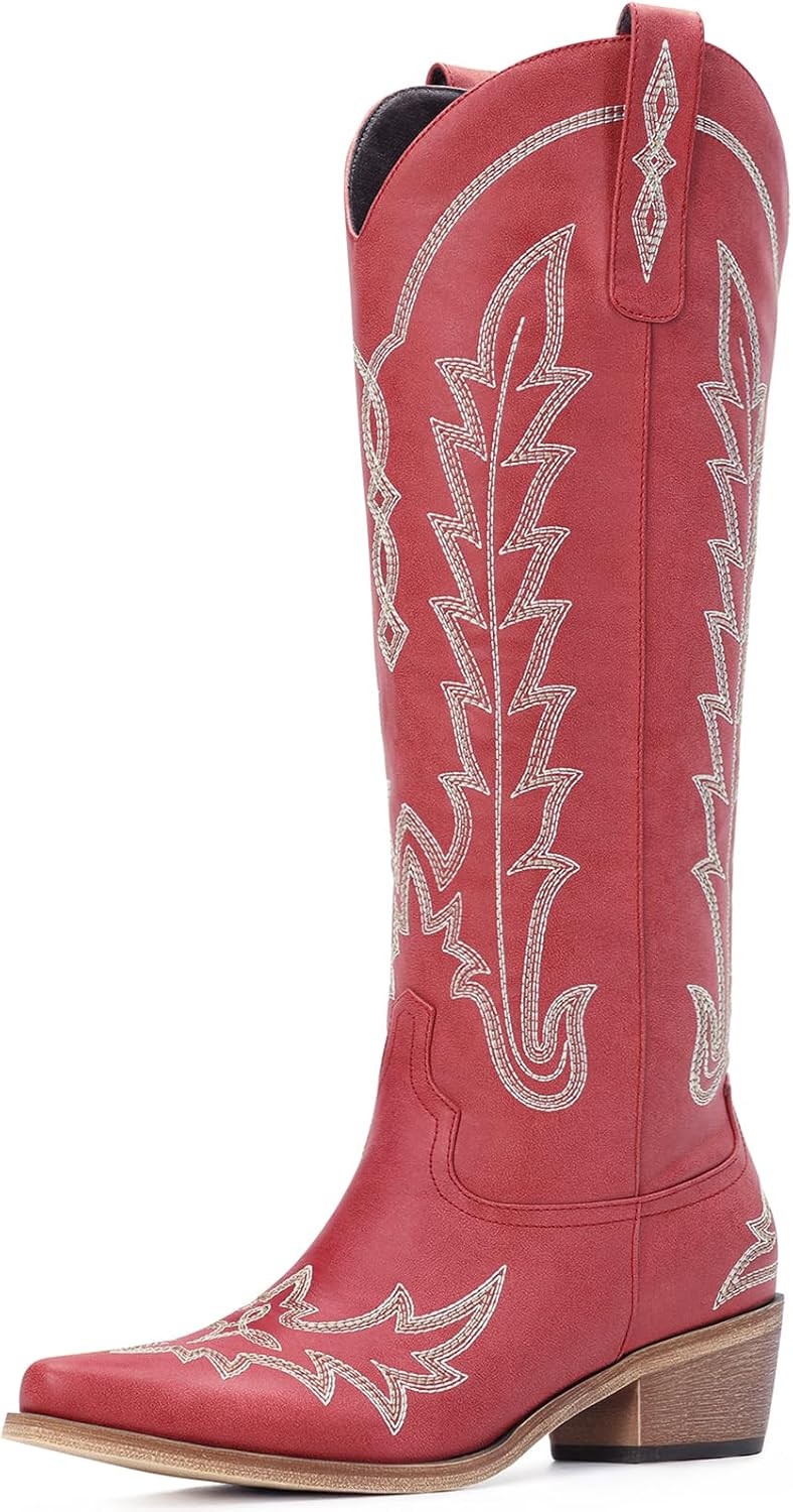 Cowboy Boots for Women - Knee High Pointed Toe Chunky Heel Pull On Zipper Western Cowgirl Boots, Retro Country Vintage Fashion Tall Boots | Amazon (US)