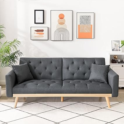 DKLGG Modern Futon Sofa Bed, Convertible Bed Folding Linen Fabric Sofa Bed Couch with Two Pillows... | Amazon (US)