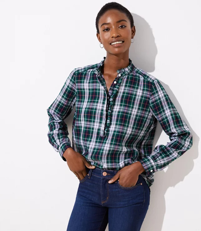 Petite Plaid Ruffle Utility Henley Blouse | LOFT | LOFT