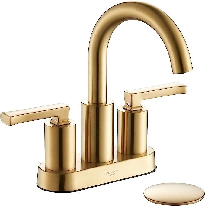 Brushed Gold 4 inch Bathroom Faucet Centerset, Contemporary High-Arc 2-Handle Bath Vanity Sink Fa... | Amazon (US)