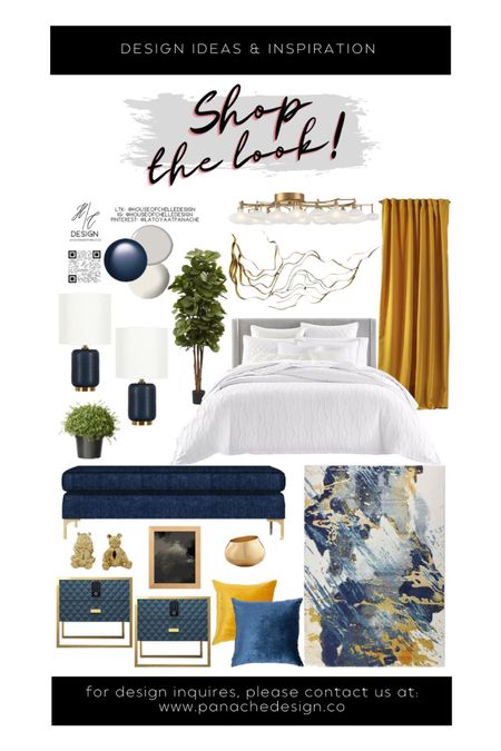 Navy and Gold Modern Bedroom Decor | bedroom home decor | bedroom moodboard | bedroom concept board | bed, nightstand, bed bench, rug, side tables, side chair, nightstand lamps, table lamps, chandelier, ceiling fan, ceiling light, floor lamp, faux plants, vases, mirror, artwork, pillows, bedding, curtains, window treatments, candle holders, modern home, modern home decor, glam home. #moodboard

#LTKstyletip #LTKhome #LTKfamily