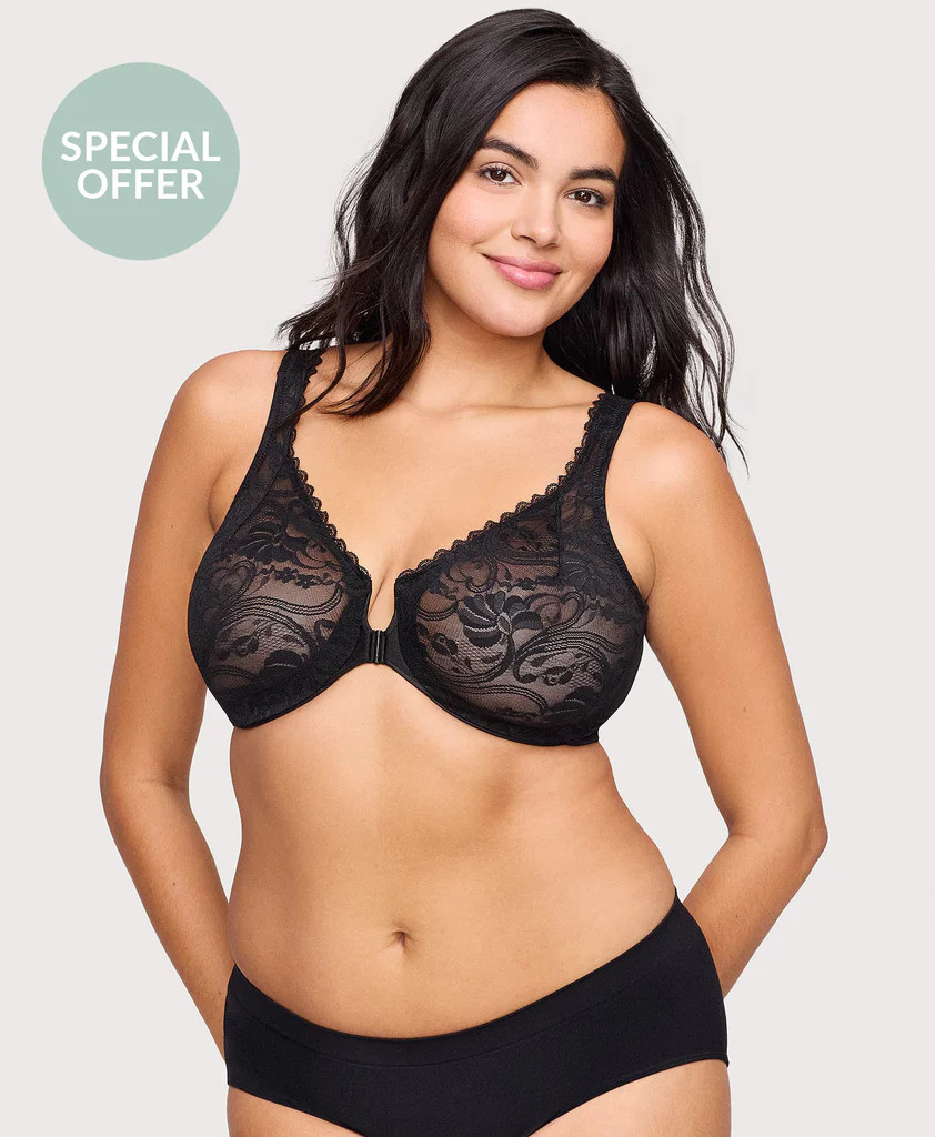 Front-Closure Stretch Lace WonderWire Bra Black | Glamorise Foundations