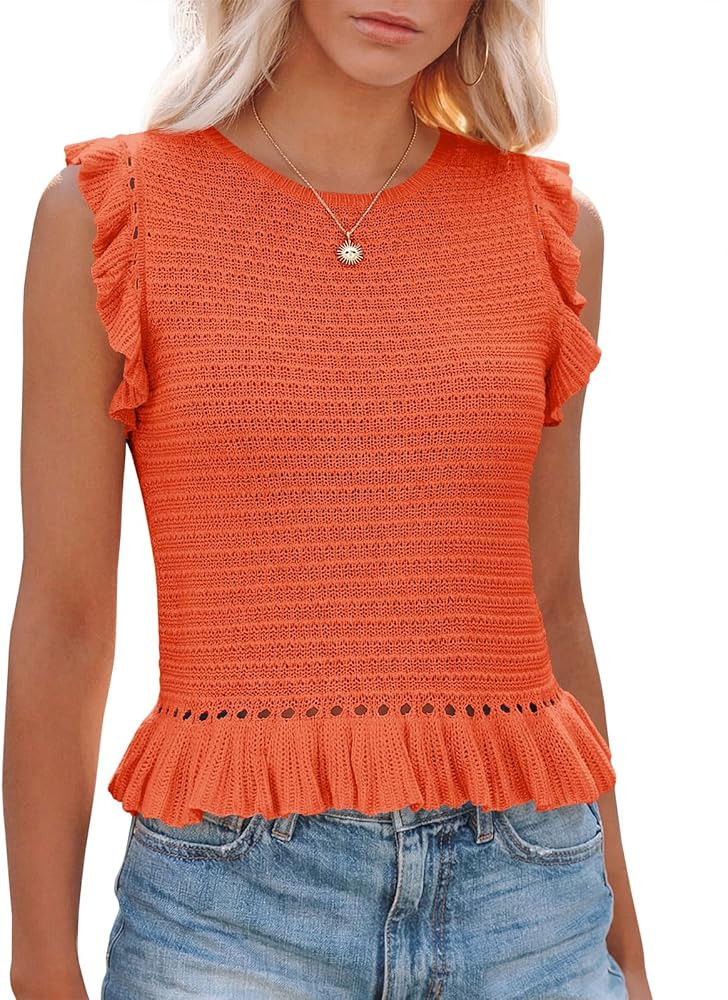 PiePieBuy Women's Summer Knit Tank Tops Crew Neck Sleeveless Cami Shirts Tees Ruffle Sweater Vest | Amazon (US)